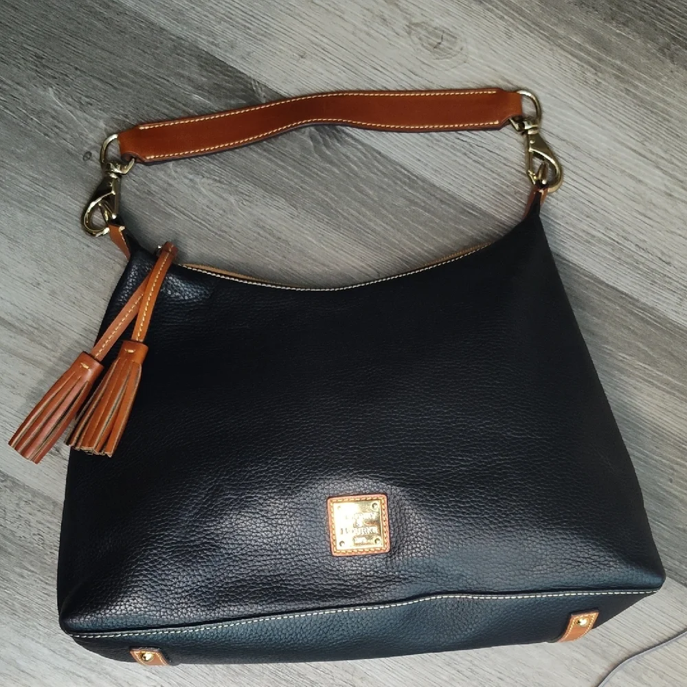 Dooney & Bourke Black and Brown Leather Hobo Bag with Tassels